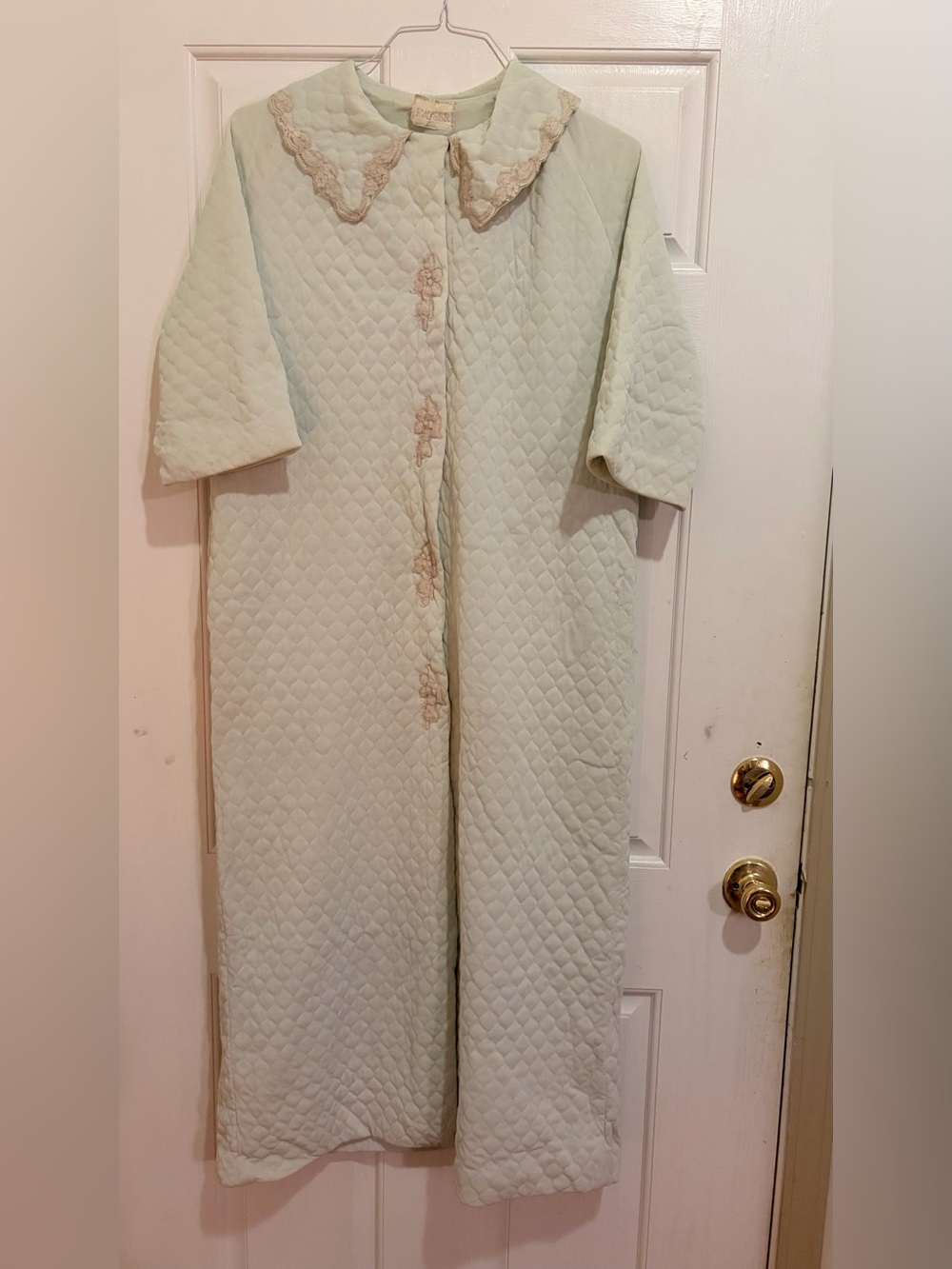 Vintage 1950s Kayser Quilted Robe Mint Green Lace Housecoat Peter Pan Collar